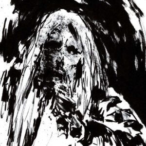 Detailed ink illustration close up of a heavy metal singer with long hair and beard emerging from dark shadows by Kim Holm.