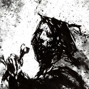 Visceral ink illustration of a hooded metal vocalist shouting amidst aggressive black splatters and textures by Kim Holm.