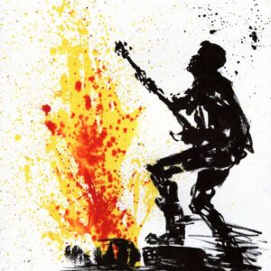 Ink illustration of a metal guitarist silhouette performing next to explosive yellow and red fire splatters by Kim Holm.