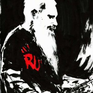 High-contrast ink portrait of a bearded heavy metal guitarist with a red logo on his shirt playing live by artist Kim Diaz Holm.