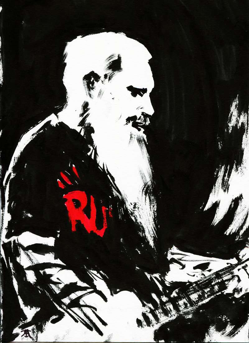 Bearded Thrash Metal Guitarist Ink Artwork by Kim Diaz Holm High-contrast ink portrait of a bearded heavy metal guitarist with a red logo on his shirt playing live by artist Kim Diaz Holm.