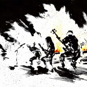 Horizontal ink art showing the silhouettes of a full metal band performing live under heavy black stage shadows by Kim Holm.