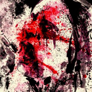 Expressionist ink illustration of a metal singer face covered in intense crimson and black splatter effects by Kim Holm.