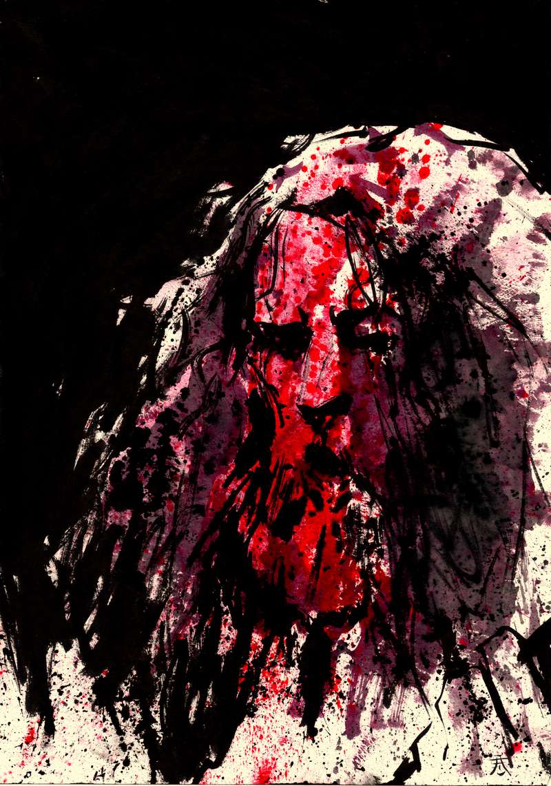 Black metal corpse paint live ink portrait by Kim Holm Expressionist ink illustration of a long haired metal musician with red face paint in deep shadows by Kim Holm.