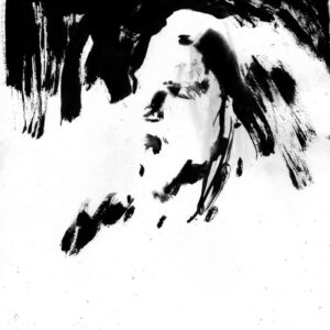 Abstract monochrome ink art featuring a minimalist metal singer face fading into white negative space by Kim Holm.
