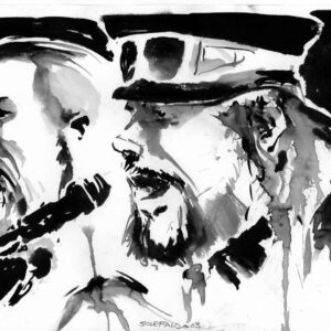 Horizontal ink wash art featuring a double profile portrait of the two Solefald vocalists performing live by Kim Holm.