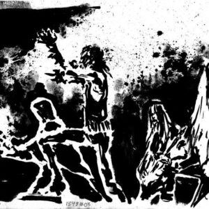 Expressionist horizontal ink illustration of the black metal band 1349 performing live in a chaotic smoky stage by Kim Holm.
