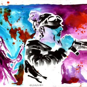 Colorful ink and guache illustration of the metal band Arcturus performing live with purple, blue and magenta tones by Kim Holm.