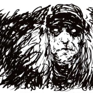 Monochrome ink illustration of a metal singer face with dark corpse paint eyes surrounded by chaotic black hair scratchings.