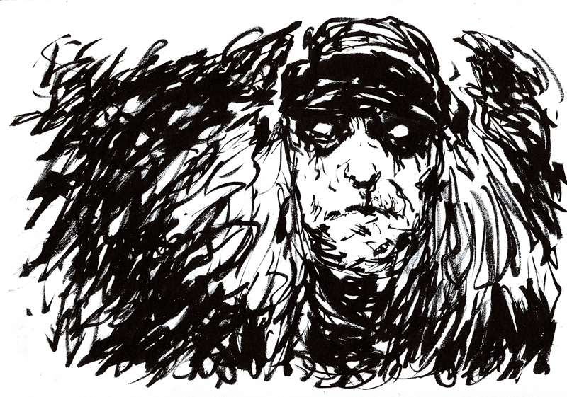 Grim black metal vocalist ink portrait by Kim Holm Monochrome ink illustration of a metal singer face with dark corpse paint eyes surrounded by chaotic black hair scratchings.