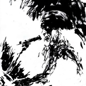Vertical monochrome ink illustration of a metal singer in side profile shouting into a microphone by artist Kim Holm.