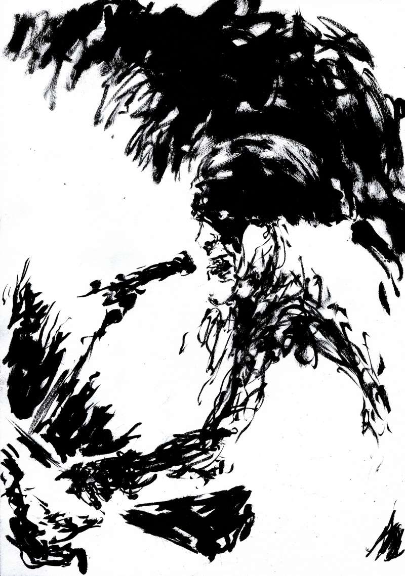 Extreme metal vocalist side profile ink art by Kim Holm Vertical monochrome ink illustration of a metal singer in side profile shouting into a microphone by artist Kim Holm.